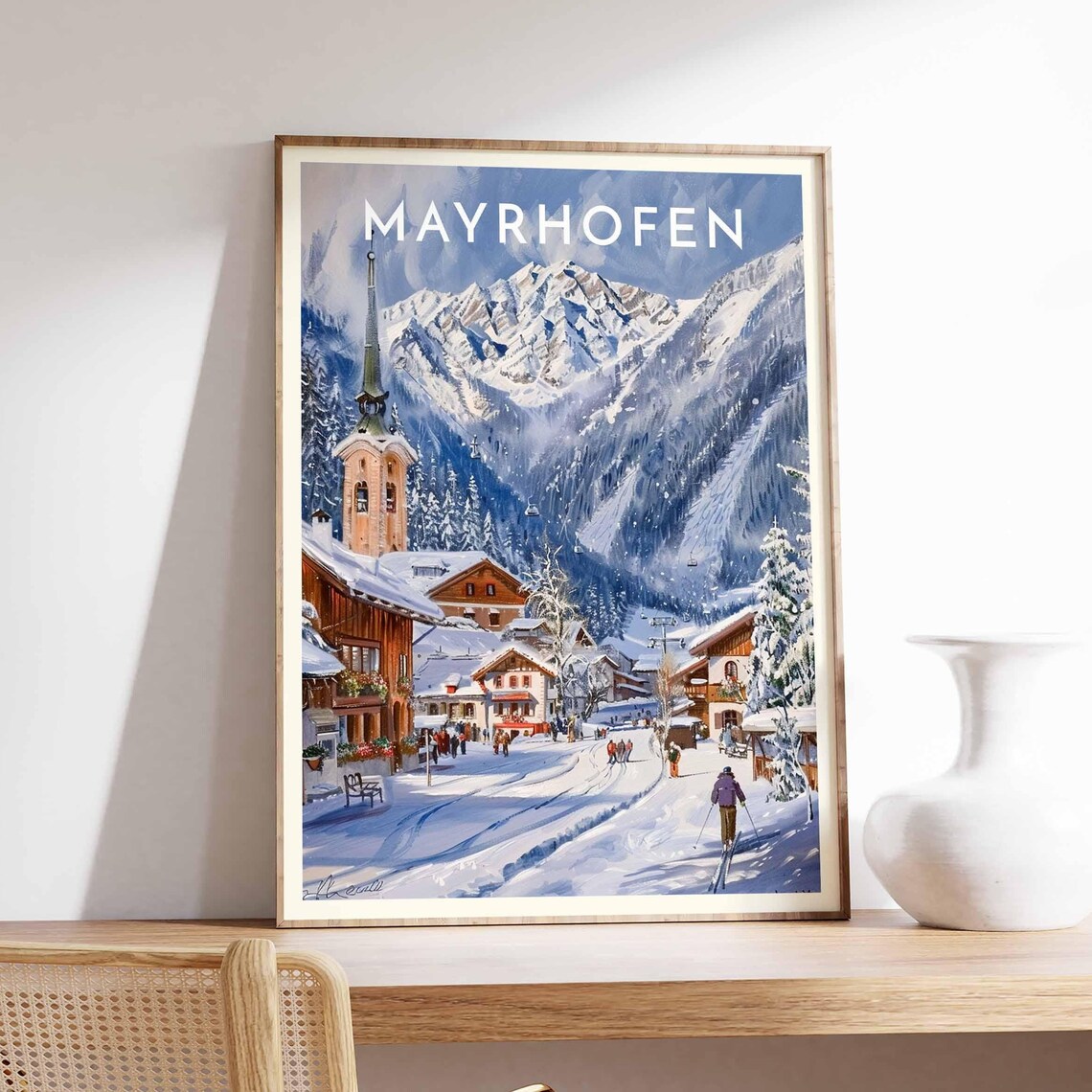 Mayrhofen Alpine Church Spire Snow Street Village Winter Poster