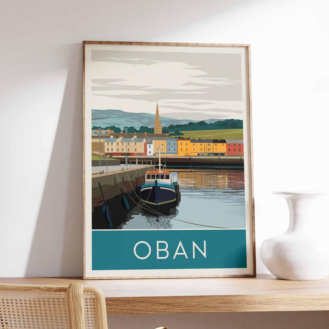 Oban Scotland Harbor Boat Vintage Style Coastal Travel Poster