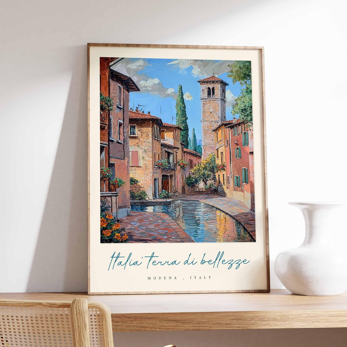 Modena Canal Village Bell Tower Geraniums Italy Travel Poster