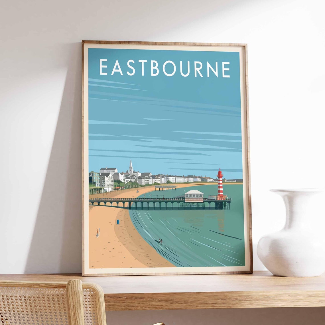 Eastbourne Pier and Seafront Town Retro Coastal Illustration Poster