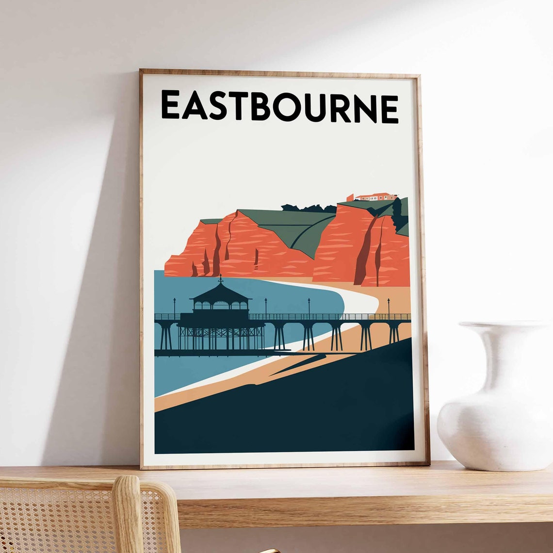 Eastbourne England Red Cliffs Seaside Pier Retro Travel Poster