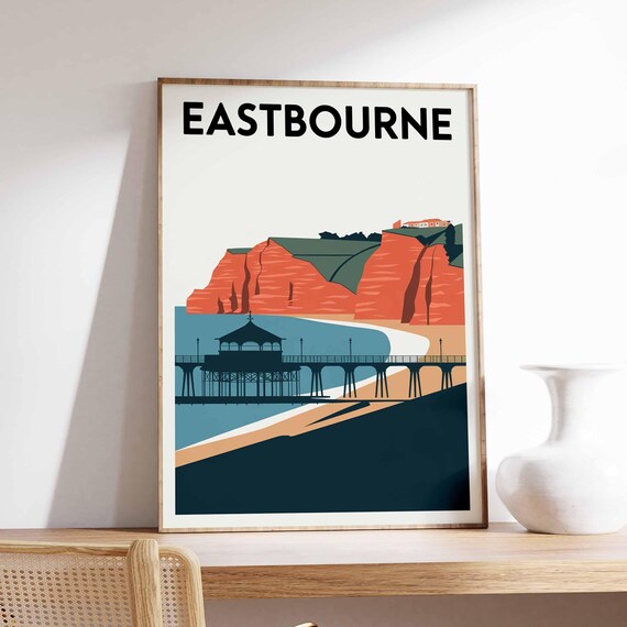 Eastbourne England Red Cliffs Seaside Pier Retro Travel Poster