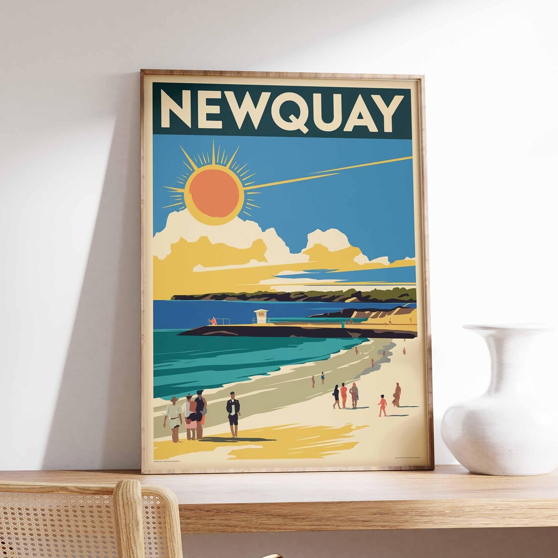 Newquay England Sunny Beach Lifeguard Hut Retro Travel Poster