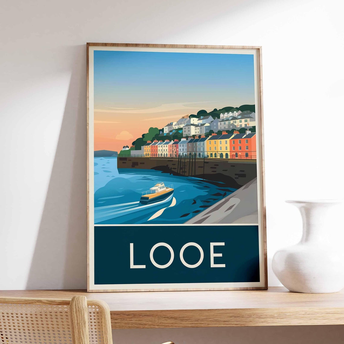 Looe England Cornwall Sunset Harbor Speedboat Retro Travel Poster