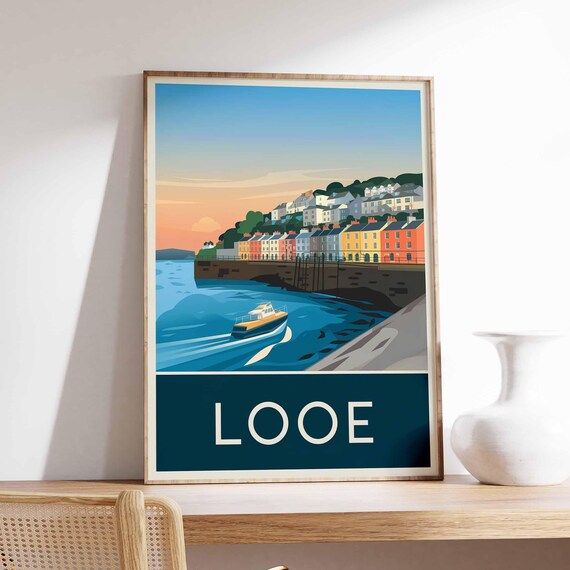 Looe England Cornwall Sunset Harbor Speedboat Retro Travel Poster