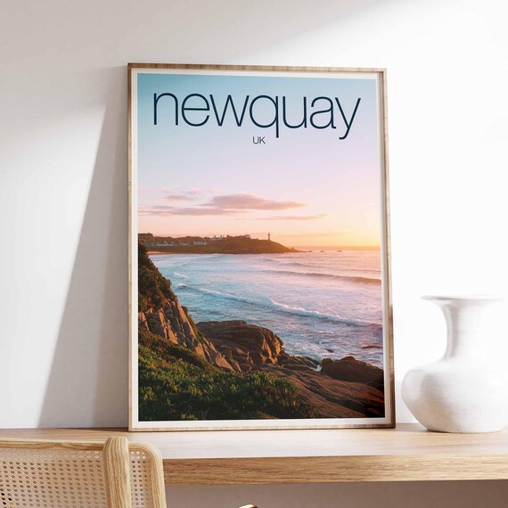 Newquay UK Golden Coastal Sunset Ocean Cliffs Photography Poster