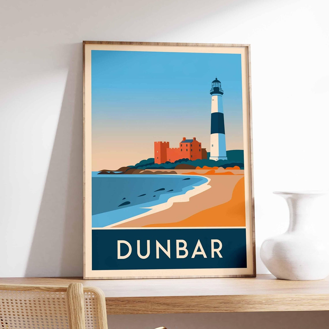 Dunbar Lighthouse Castle Sandy Beach Scottish Travel Poster Art