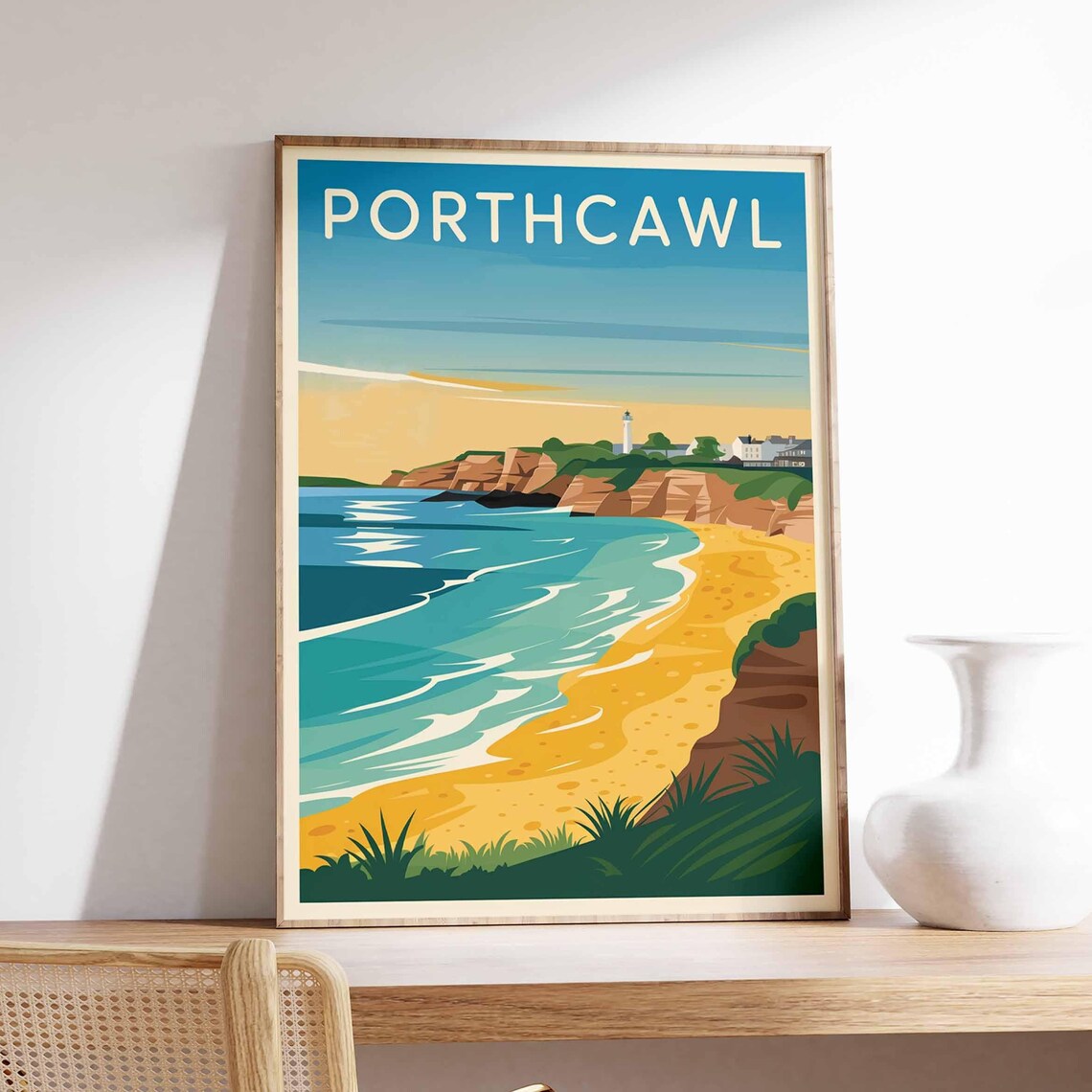 Porthcawl Wales Golden Beach Sunset Bay Illustrated Travel Poster