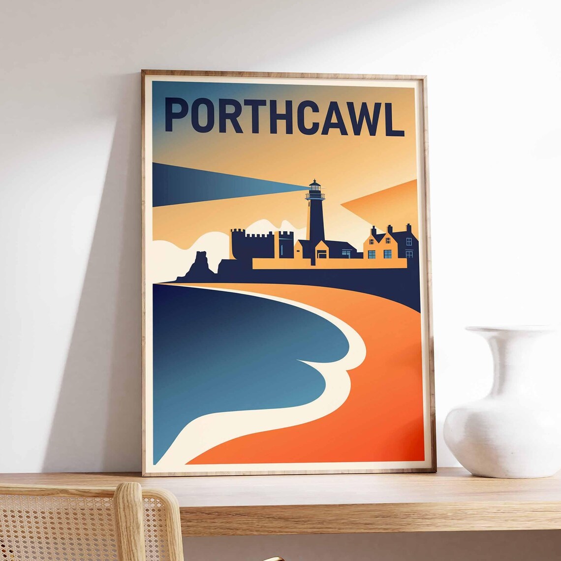 Porthcawl Wales Vintage Lighthouse Sunset Beach Retro Travel Poster