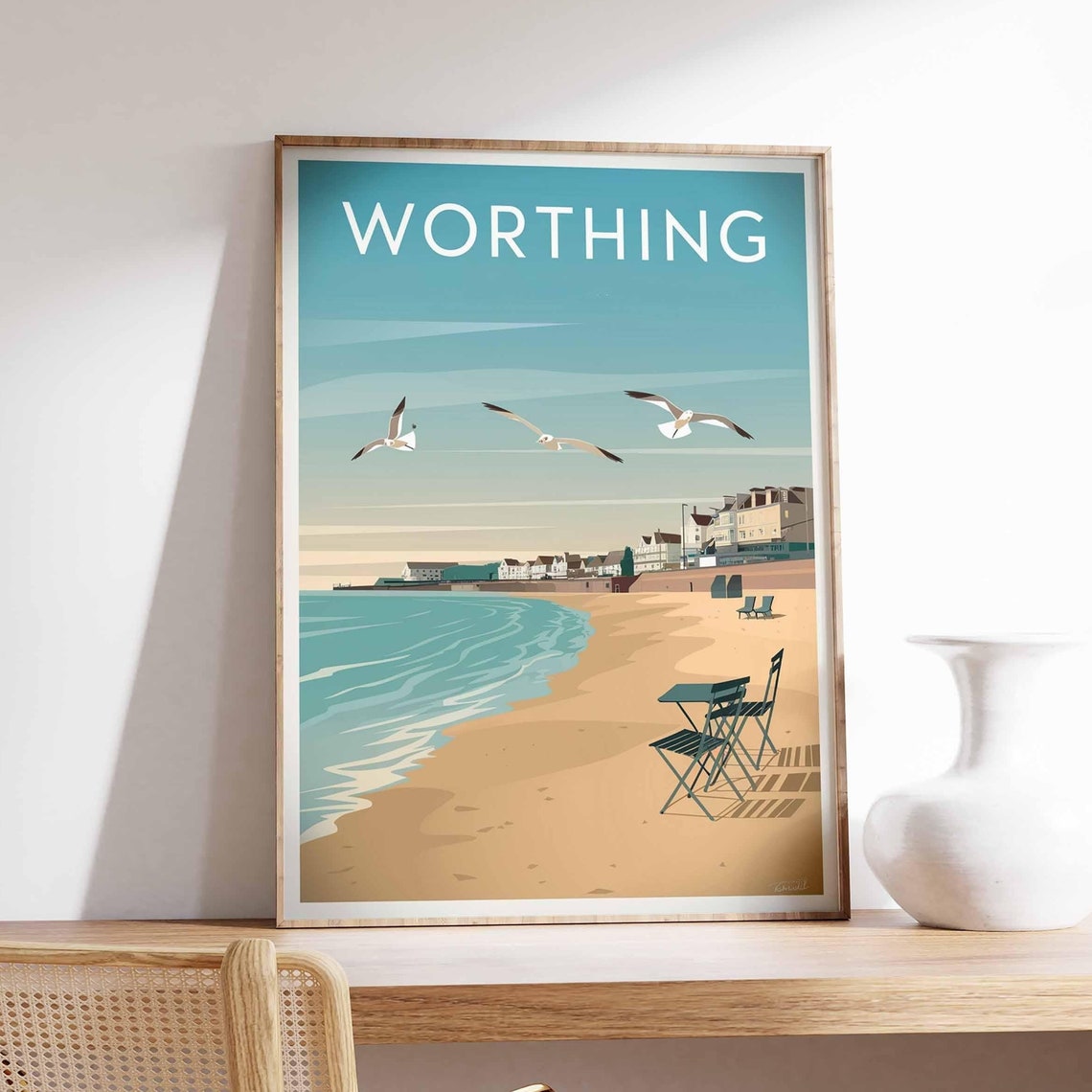 Worthing Retro Beach Scene Seagulls Cafe Chairs Seafront Poster