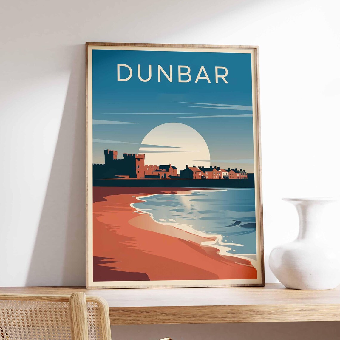 Dunbar Scotland Retro Sunset Beach Castle Coastal Illustration Poster