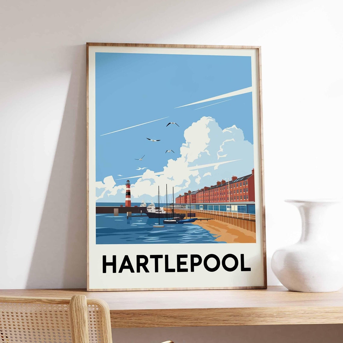 Hartlepool Durham Marina Harbor Illustrated Coastal Travel Poster