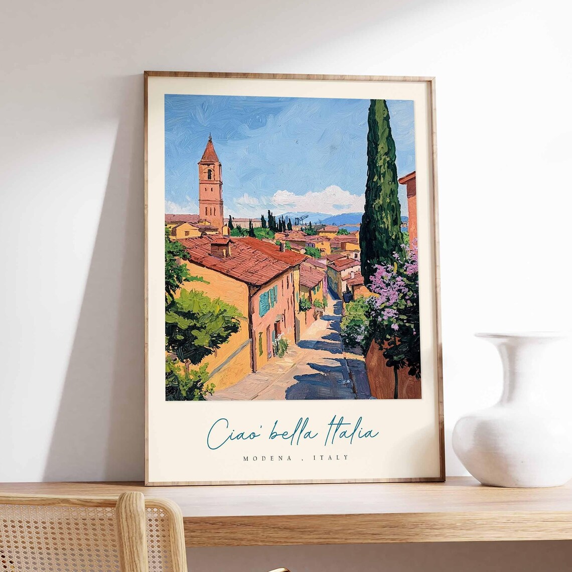 Modena Italy Sunlit Lane Bell Tower Cypress Art Travel Poster