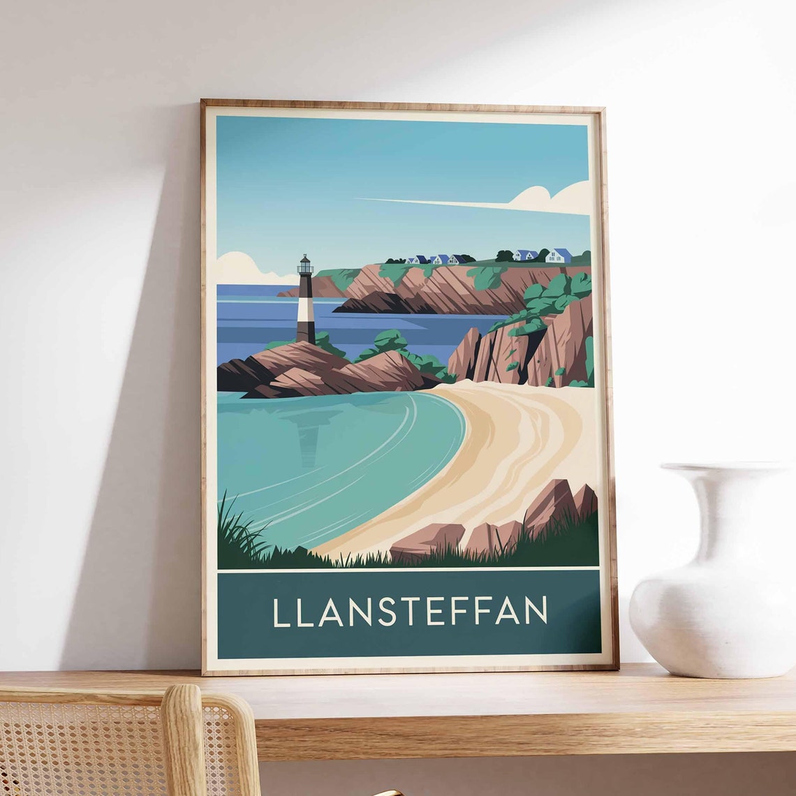 Llansteffan Wales Lighthouse Cliffs Beach Retro Travel Poster