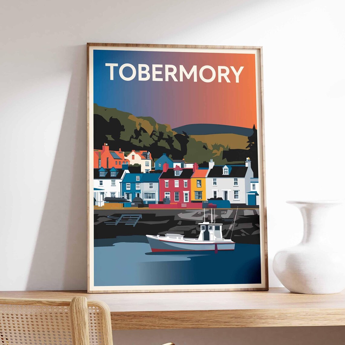 Tobermory Scotland Colorful Harbor Sunset Illustrated Travel Poster