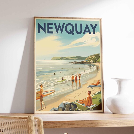 Newquay England Cornwall Surf Beach Scene Vintage Retro Travel Poster
