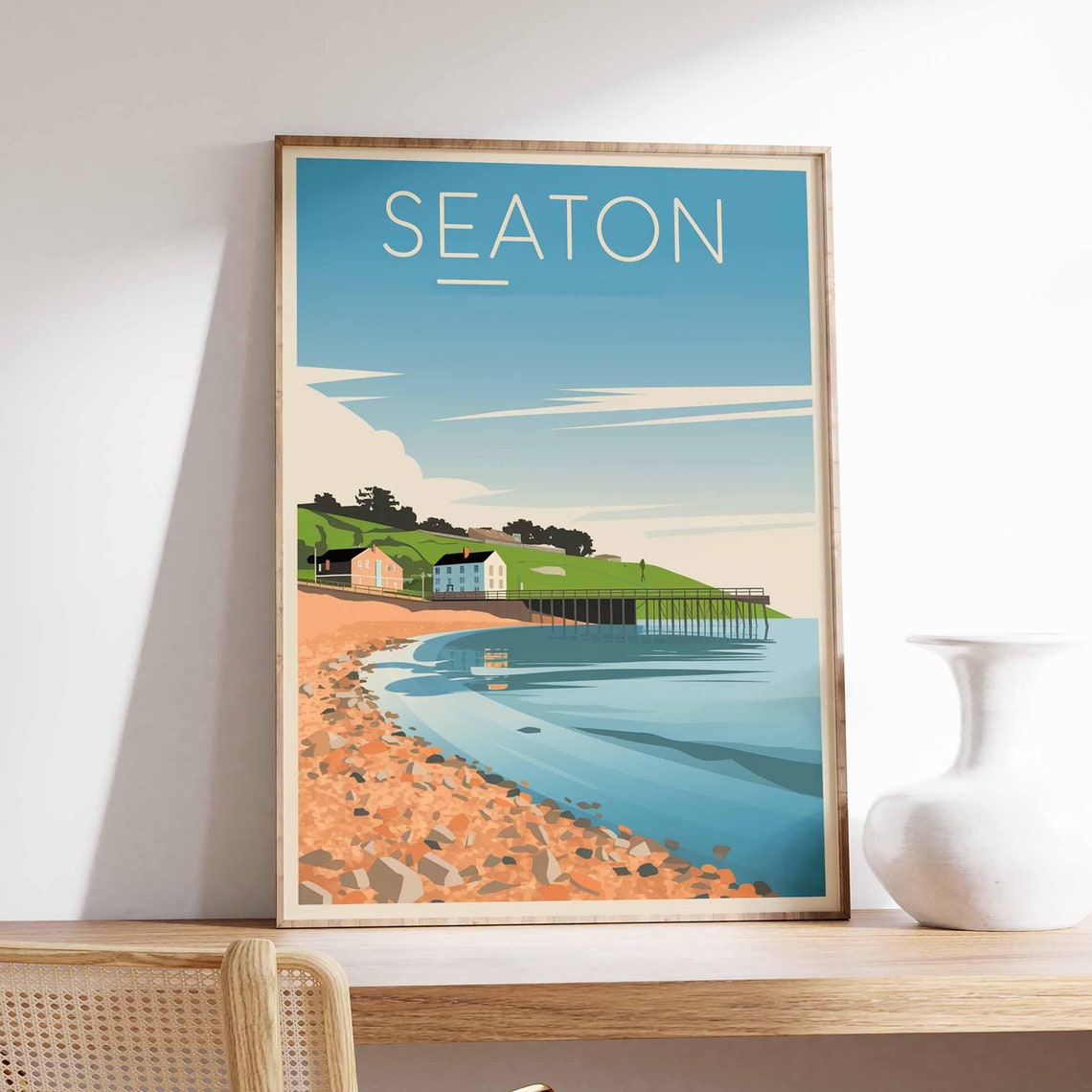 Seaton Beach Pier Pebble Shore Sunny Retro Travel Art Poster