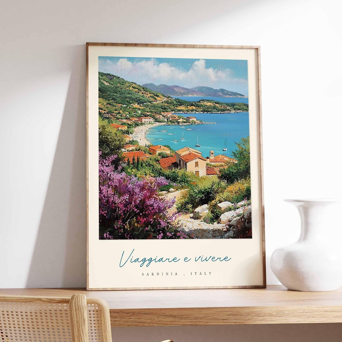 Sardinia Italy Coastal Bay Sailboats Watercolor Travel Poster