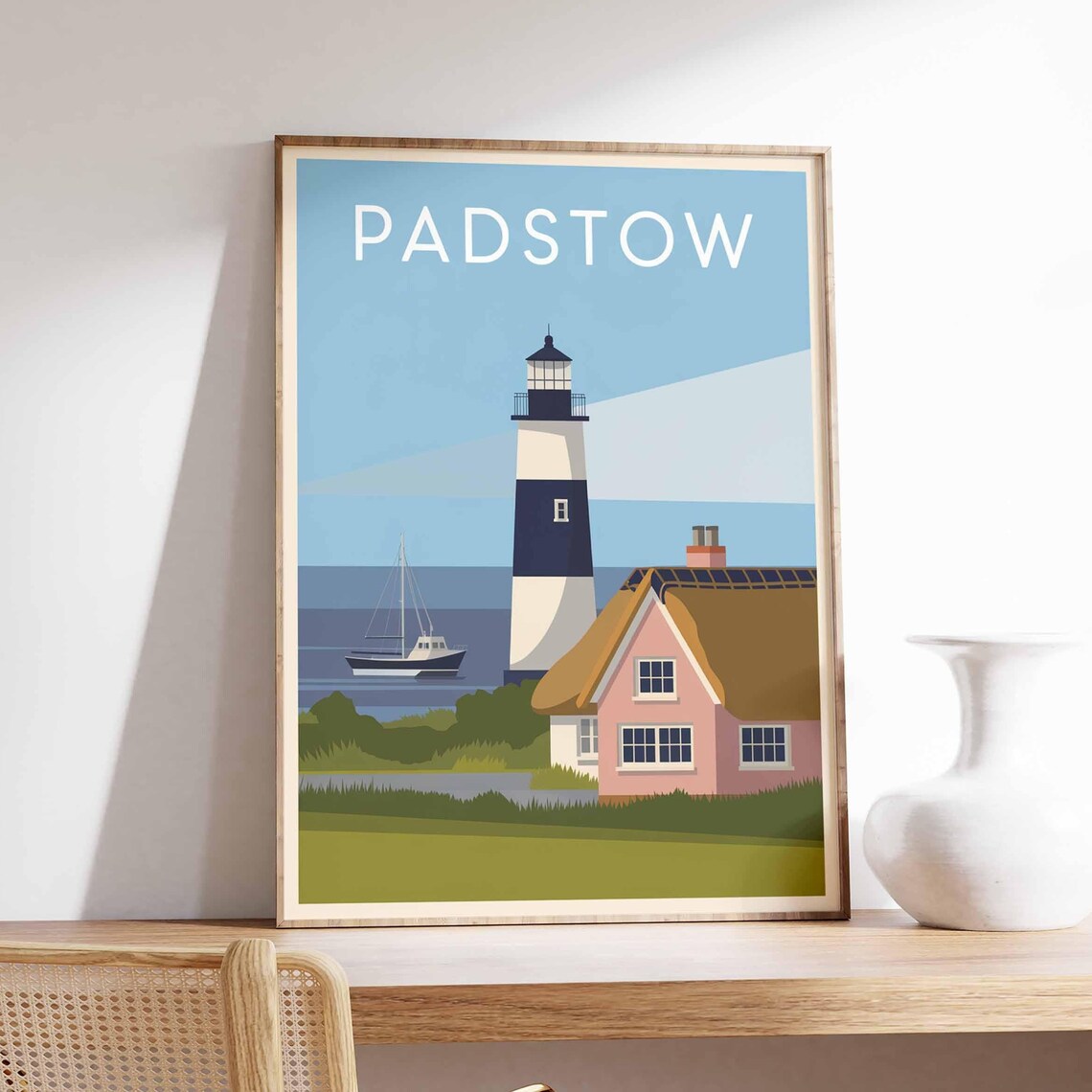 Padstow England Coastal Lighthouse Thatched Cottage Travel Poster