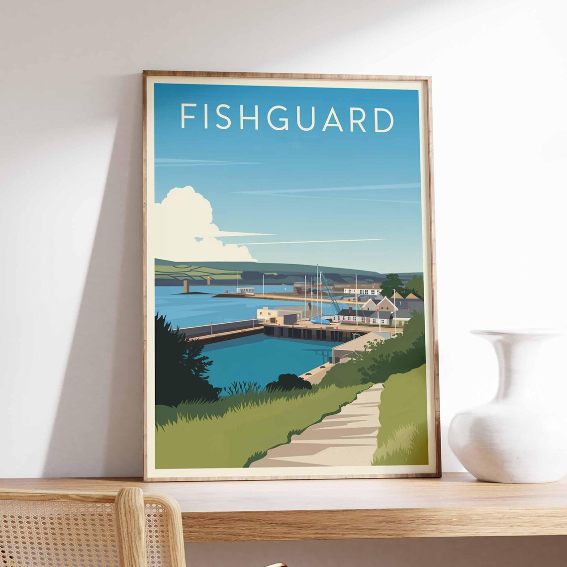 Fishguard Harbour and Breakwater Welsh Coast Travel Art Poster
