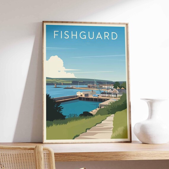 Fishguard Harbour and Breakwater Welsh Coast Travel Art Poster