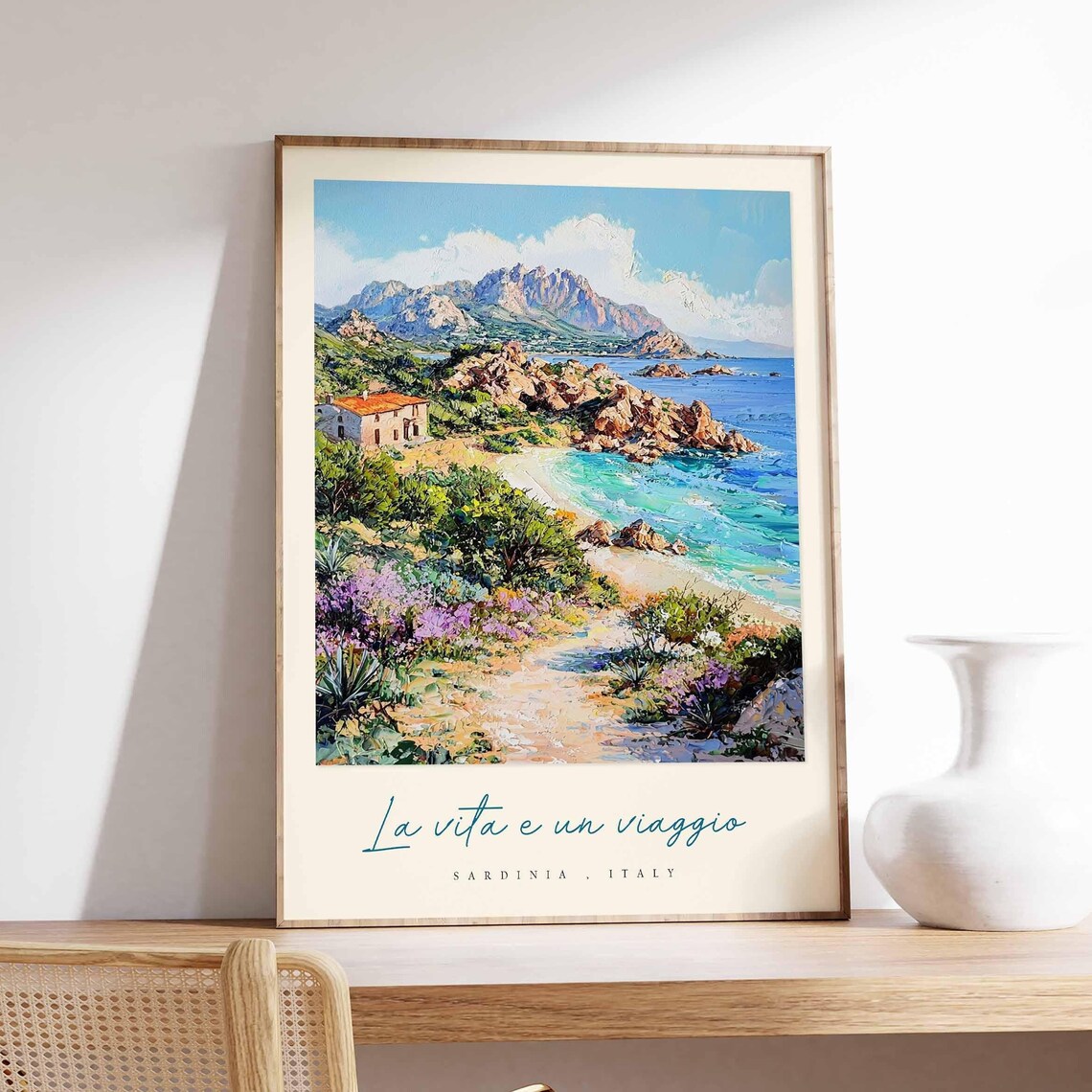 Sardinia Italy Rocky Coast Beach Watercolor Travel Quote Poster