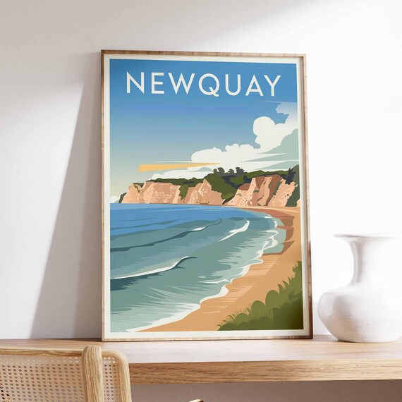 Newquay Sandy Beach and Rolling Waves Retro Seaside Art Poster