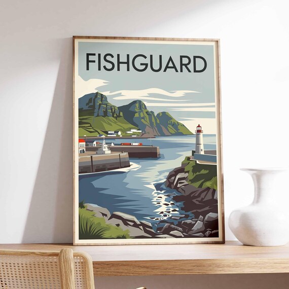 Fishguard Harbour Lighthouse and Mountain Bay Illustration Poster