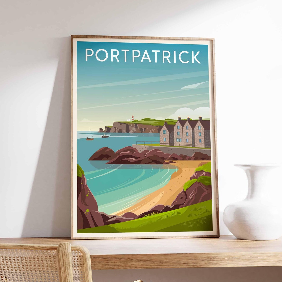 Portpatrick Harbour Lighthouse Sandy Cove Coastal Travel Poster