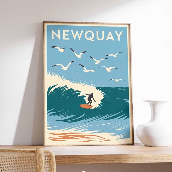 Newquay Surfer Riding Big Wave and Seagulls Retro Beach Poster