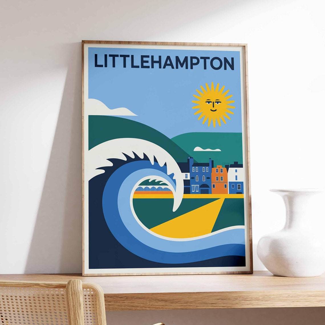 Littlehampton Playful Wave Sun Graphic Art Seaside Travel Poster