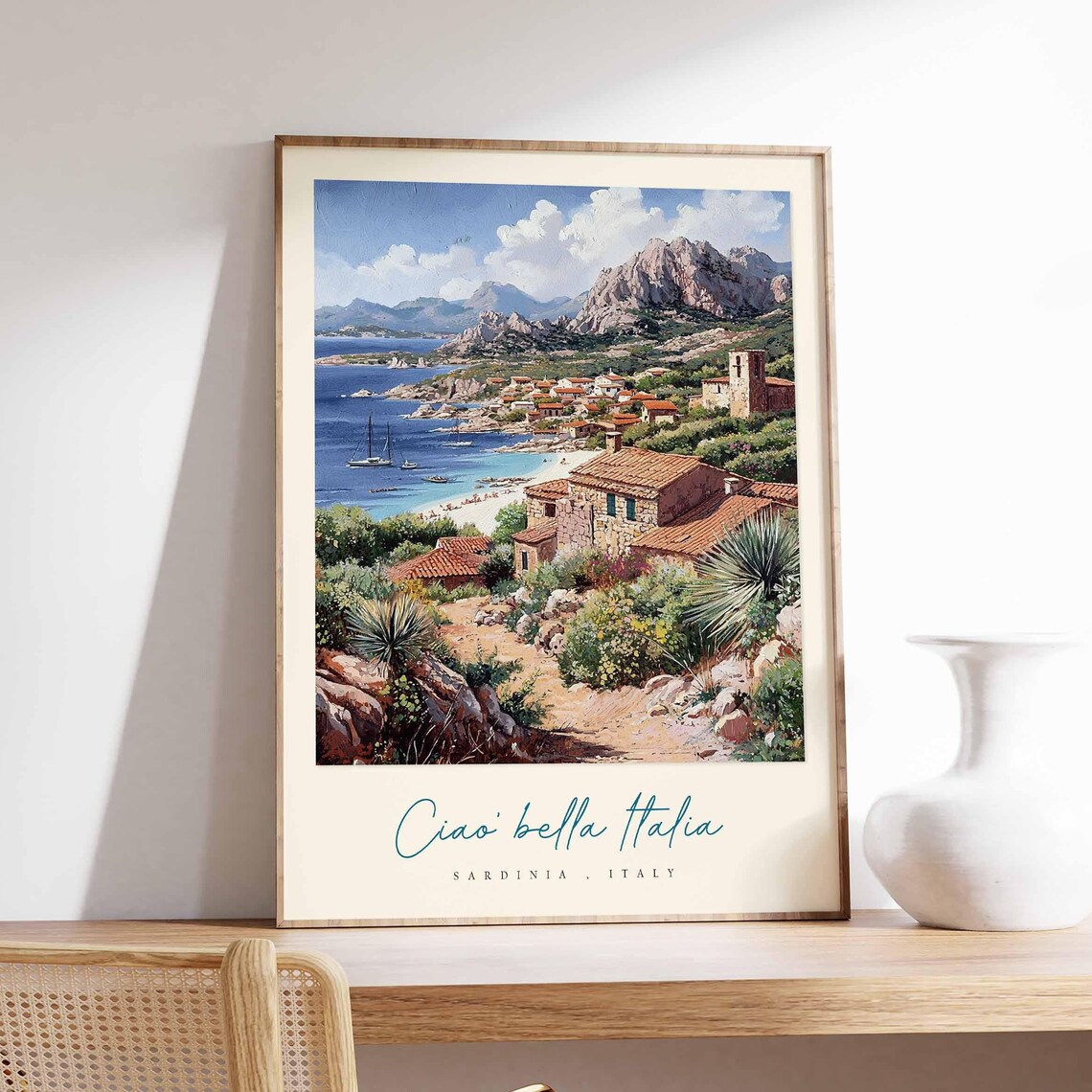 Sardinia Italy Beach Stone Houses Mountain Watercolor Poster