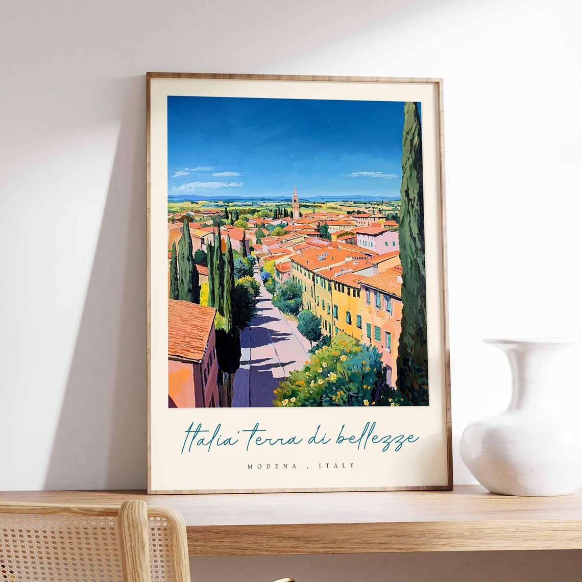 Modena Italy Cypress Avenue Rooftops Vista Watercolor Poster