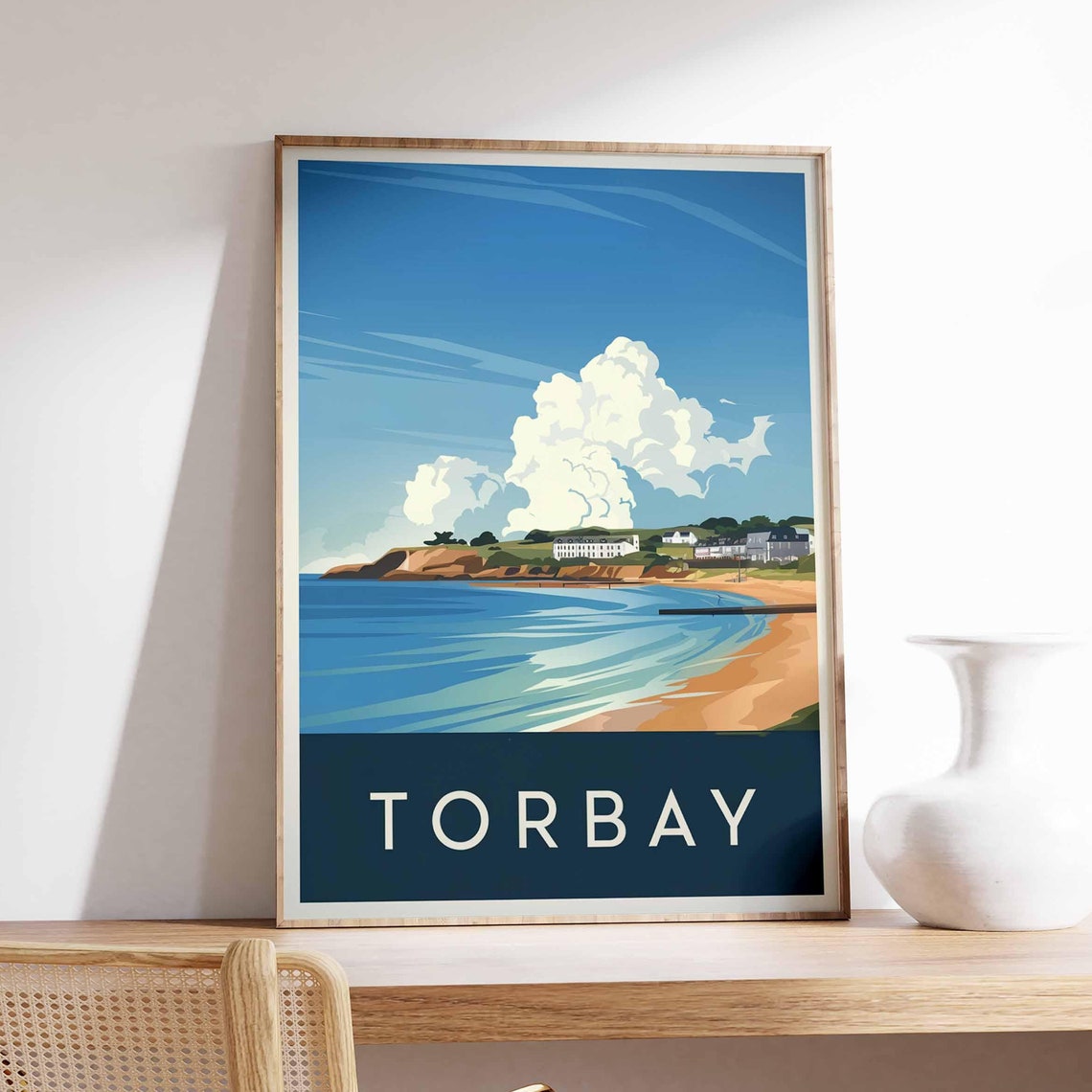 Torbay Devon Sunny Beach Bay Scene Illustrated Travel Poster