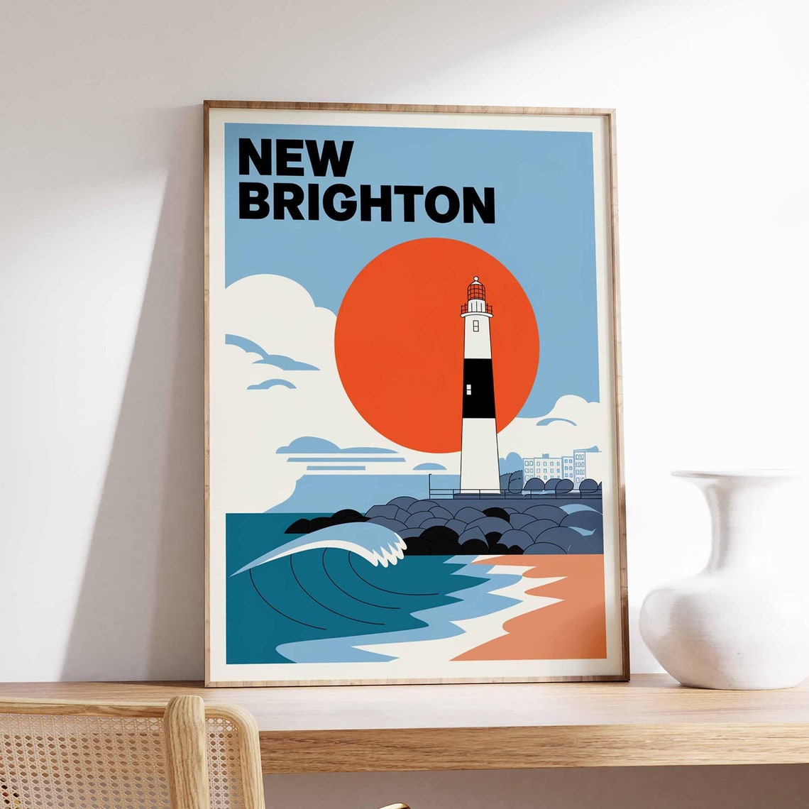New Brighton Lighthouse Sunset Wave Retro Style Travel Poster