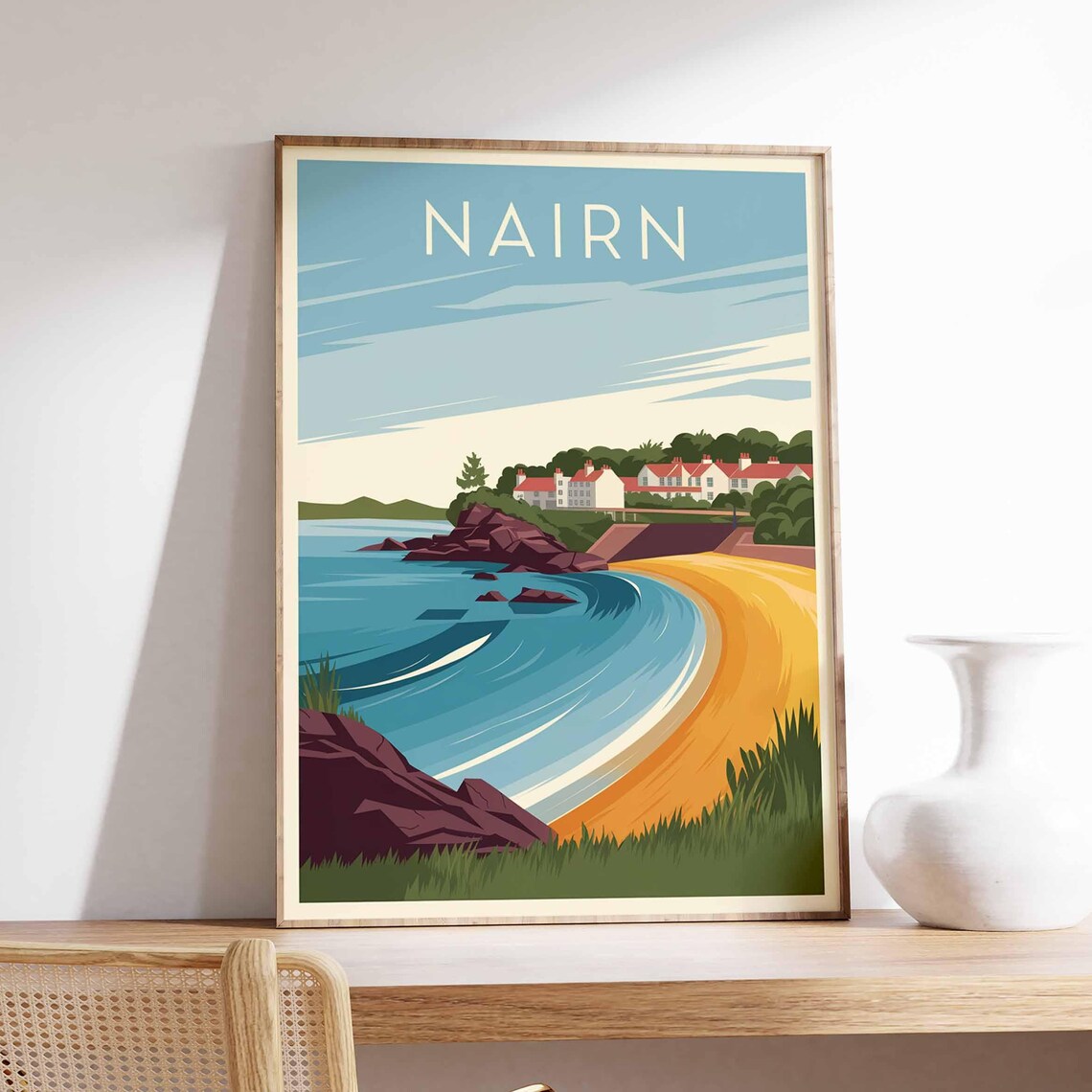 Nairn Scotland Golden Beach Bay Illustration Coastal Travel Poster