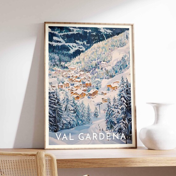 Val Gardena Italy Snowy Village Forest Winter Art Travel Poster