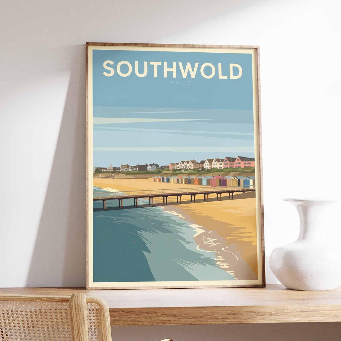 Southwold Golden Pier Beach Huts Illustrated Seaside Travel Poster