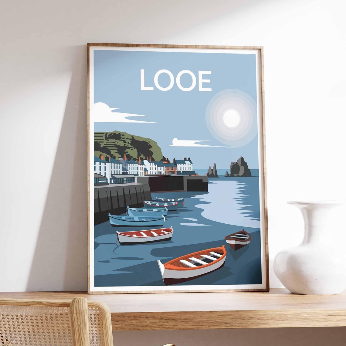 Looe England Cornwall Moonlit Harbor Stone Pier Retro Travel Poster