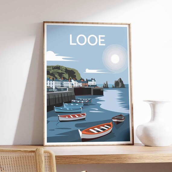 Looe England Cornwall Moonlit Harbor Stone Pier Retro Travel Poster