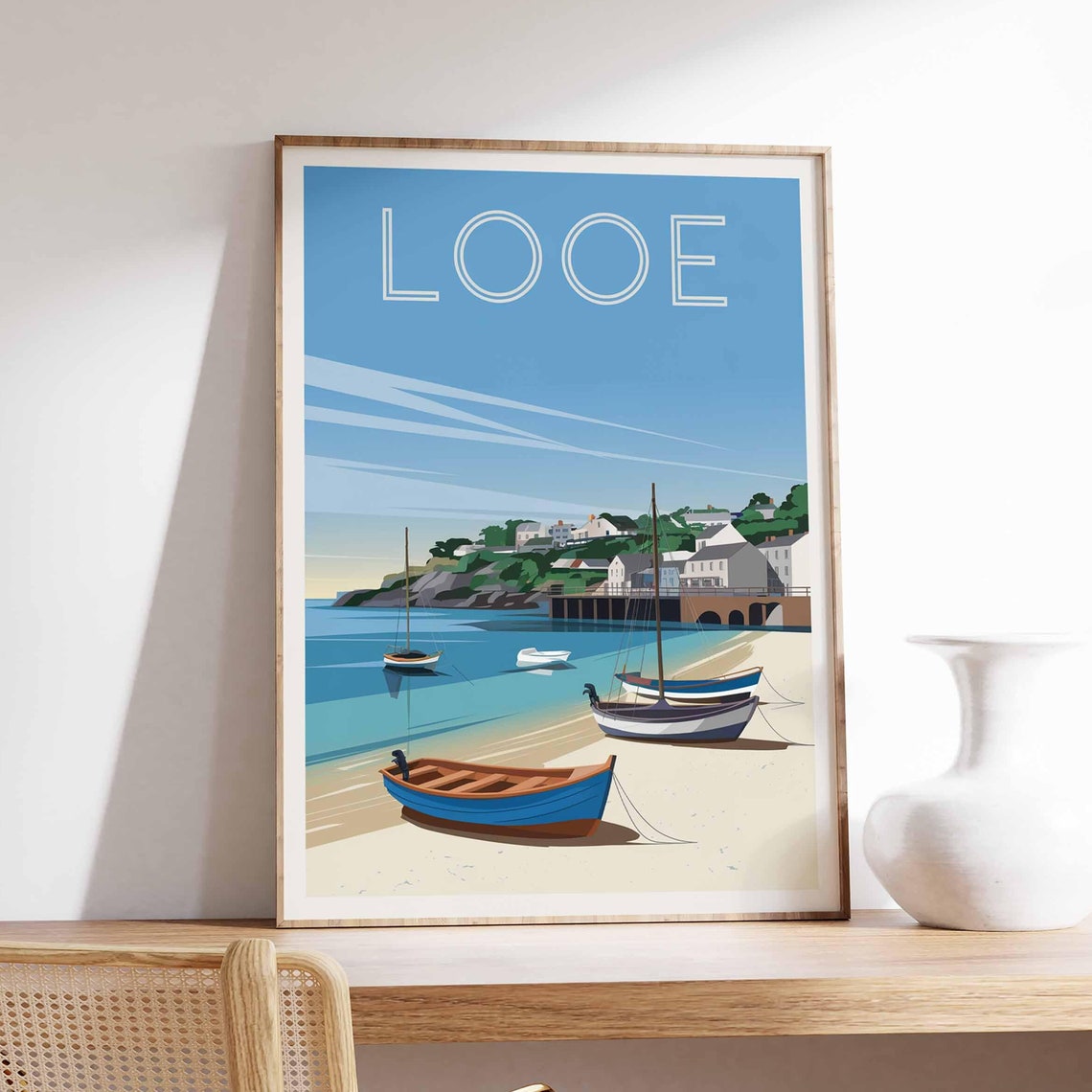 Looe England Beached Fishing Boats Harbor Illustration Poster