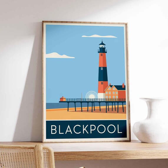 Blackpool Pier Striped Lighthouse and Ferris Wheel Seaside Poster
