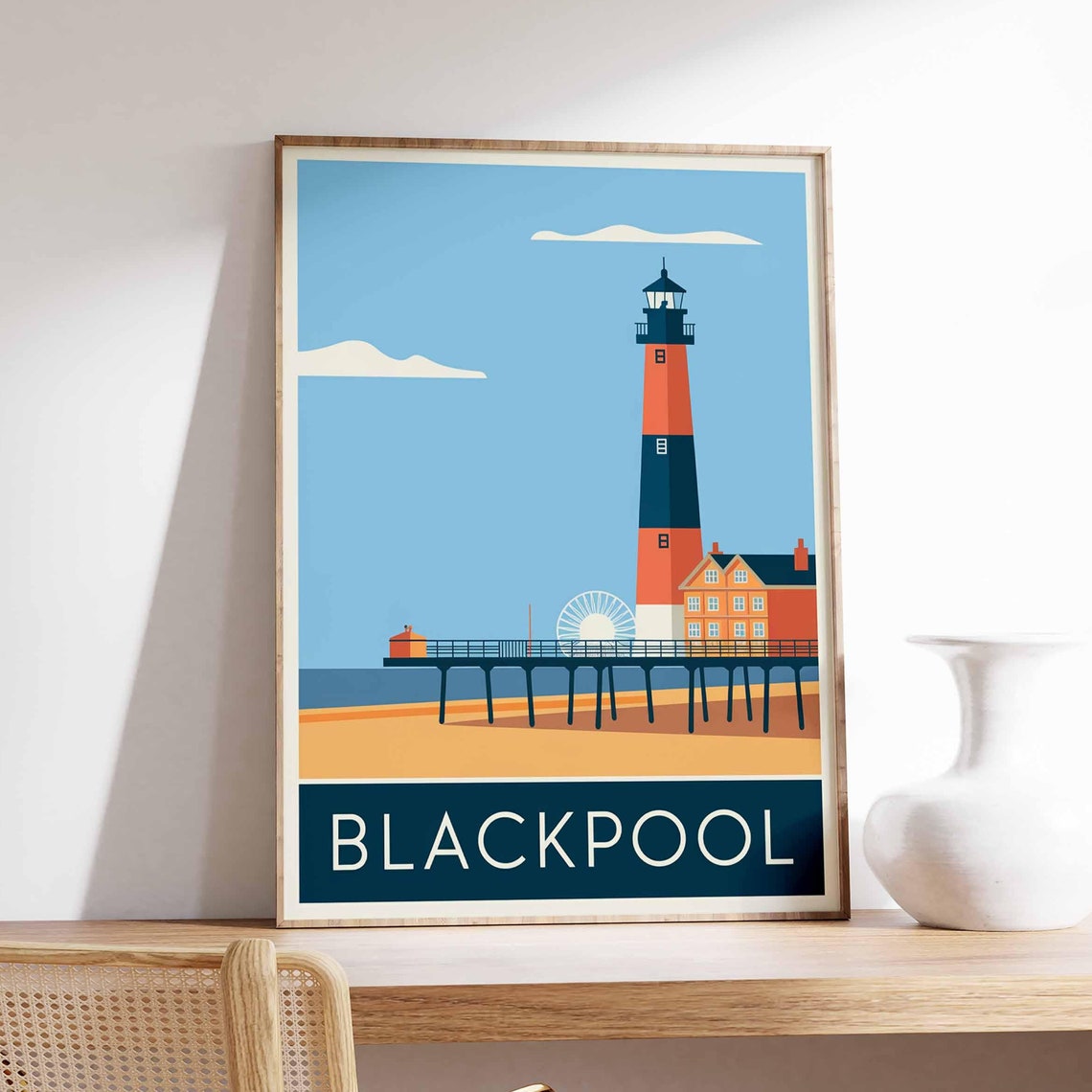 Blackpool Pier Striped Lighthouse and Ferris Wheel Seaside Poster