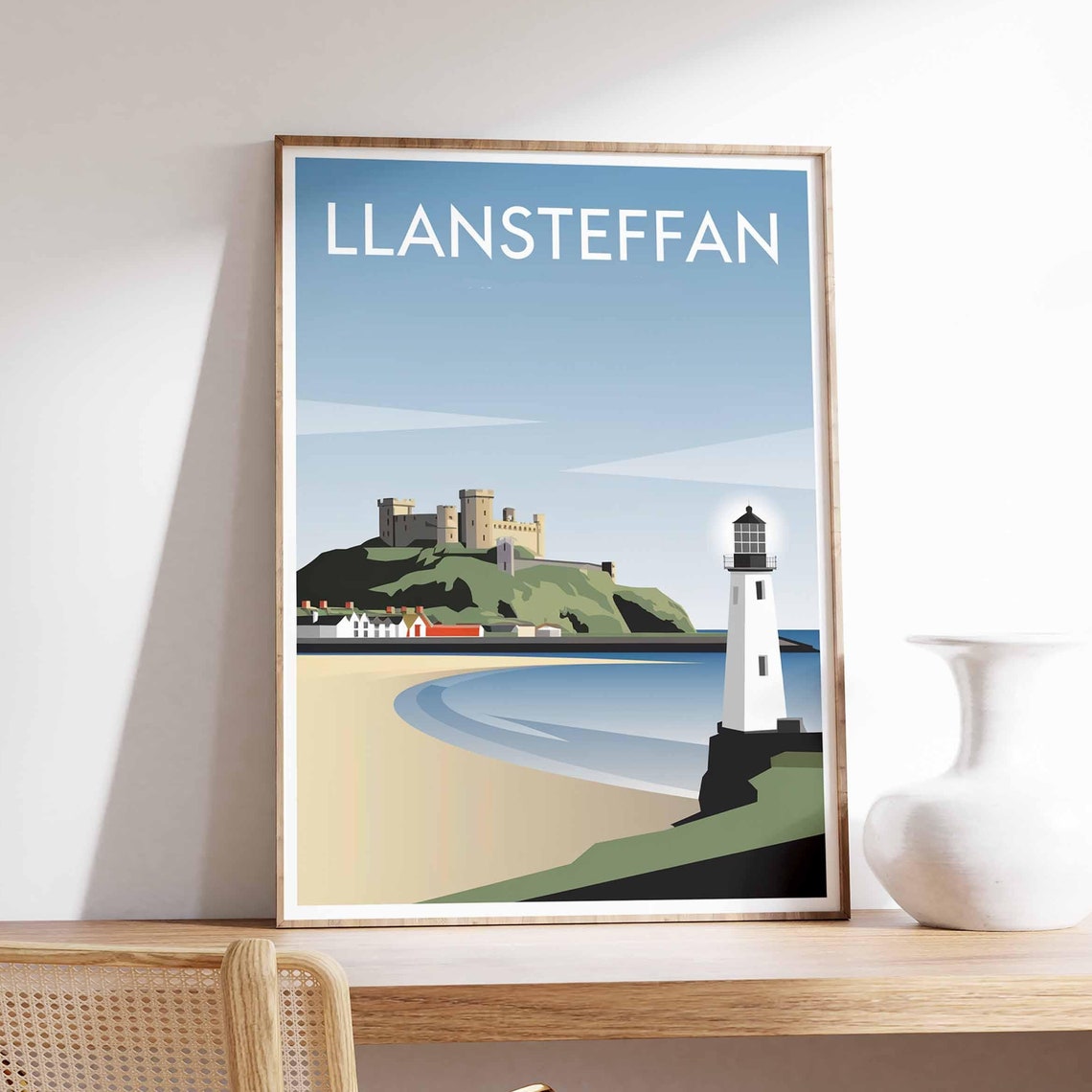 Llansteffan Wales Sandy Beach Lighthouse Castle Minimalist Poster