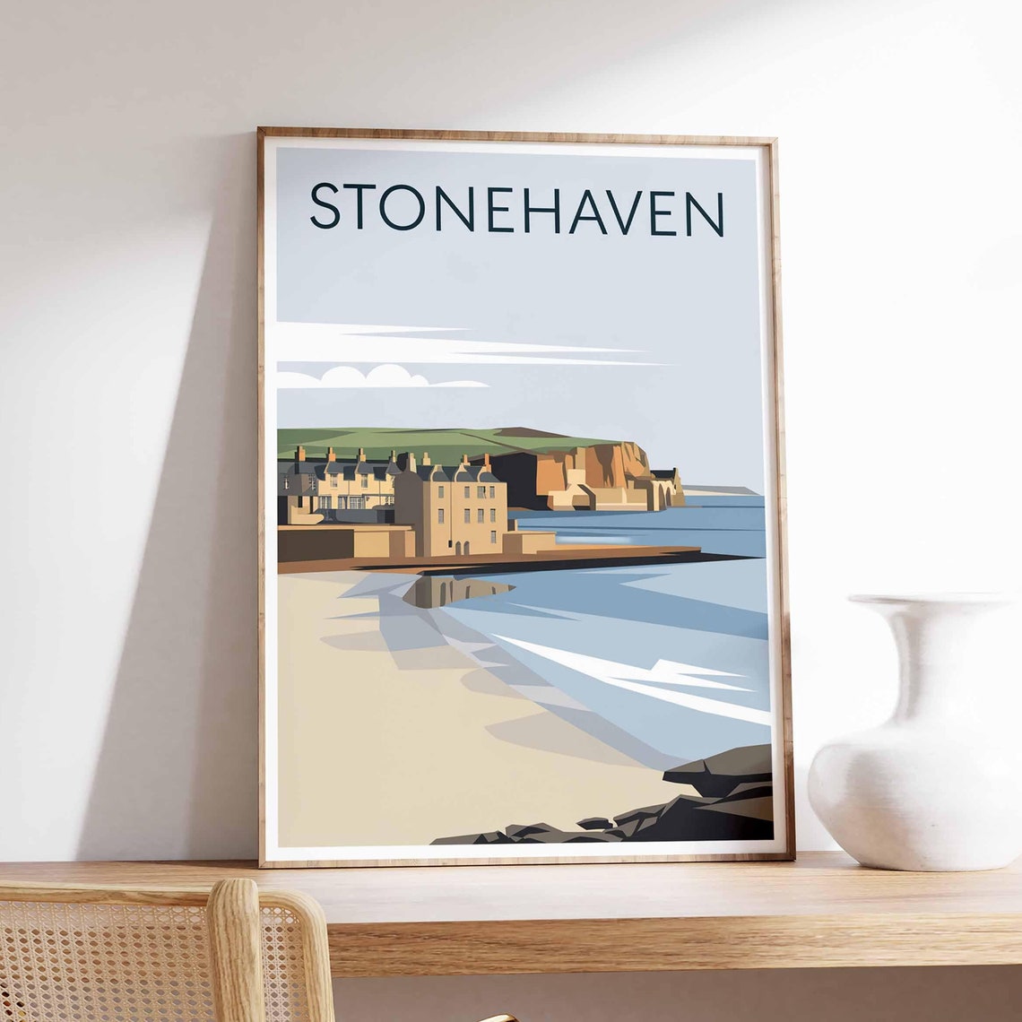 Stonehaven Scotland Harbor Cliff Coastal Illustrated Travel Poster