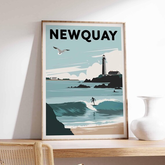 Newquay Surfer Wave and Lighthouse Retro Coastal Surfing Poster