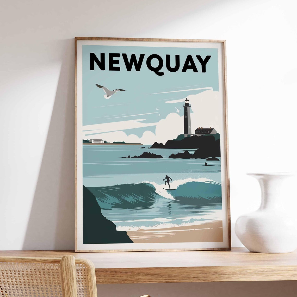Newquay Surfer Wave and Lighthouse Retro Coastal Surfing Poster