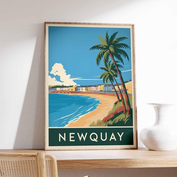 Newquay England Cornwall Palm Beach Promenade Retro Travel Poster