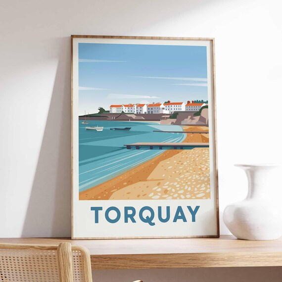 Torquay Sandy Beach Pier and Orange Roof Town Seaside Poster