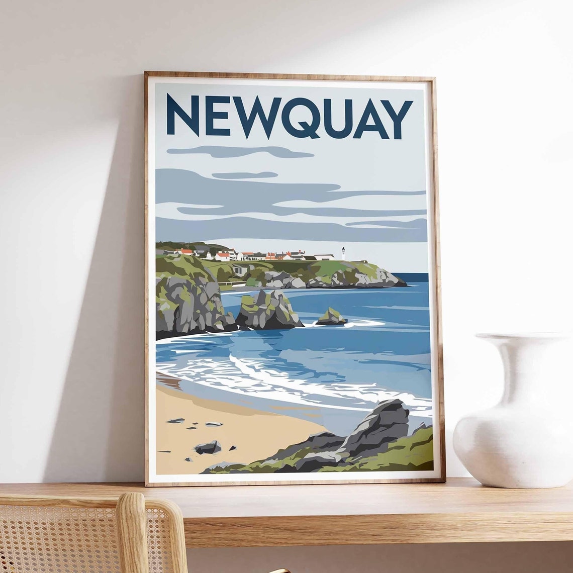 Newquay Rocky Beach Cliffs and Headland Town Coastal Art Poster